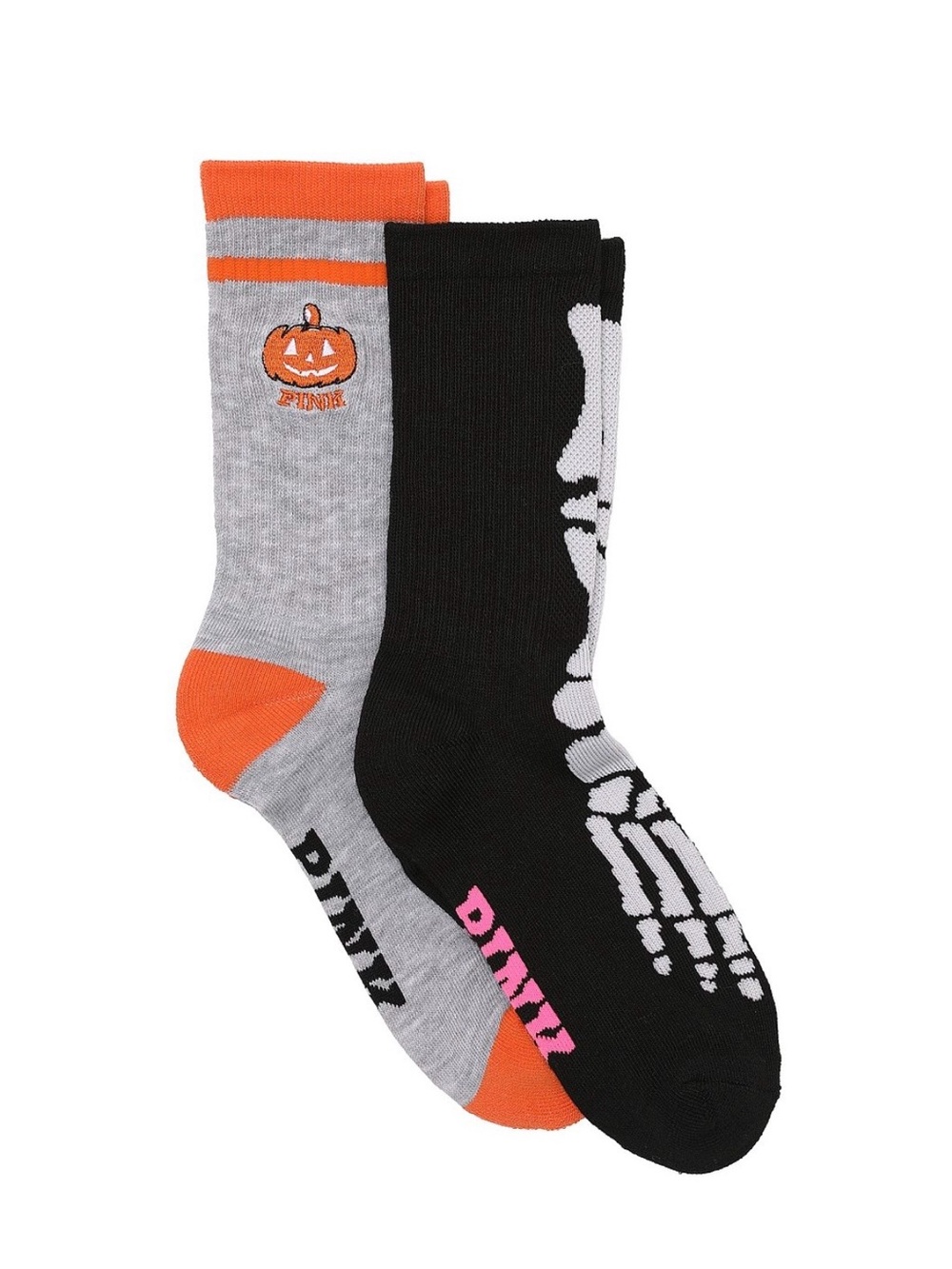 💀🎃VS PINK 2-Pack Crew Socks Gray Orange Pumpkin Black Skeleton Glow in the Dark